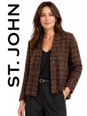 St. John Tweed Knit Cardigan Brown Open Front Jacket Classic Luxe Size 8